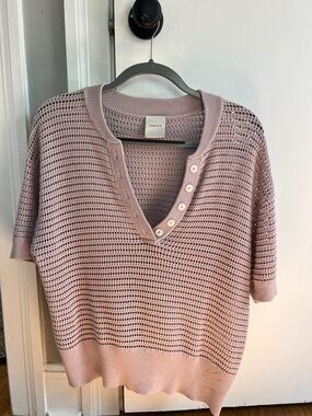 Varley Light Purple Open-Knit V-Neck Button Sweater